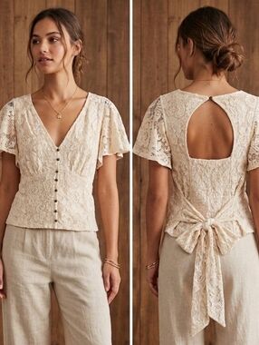 Anthropologie Cream Lace Button-Back Tie Blouse